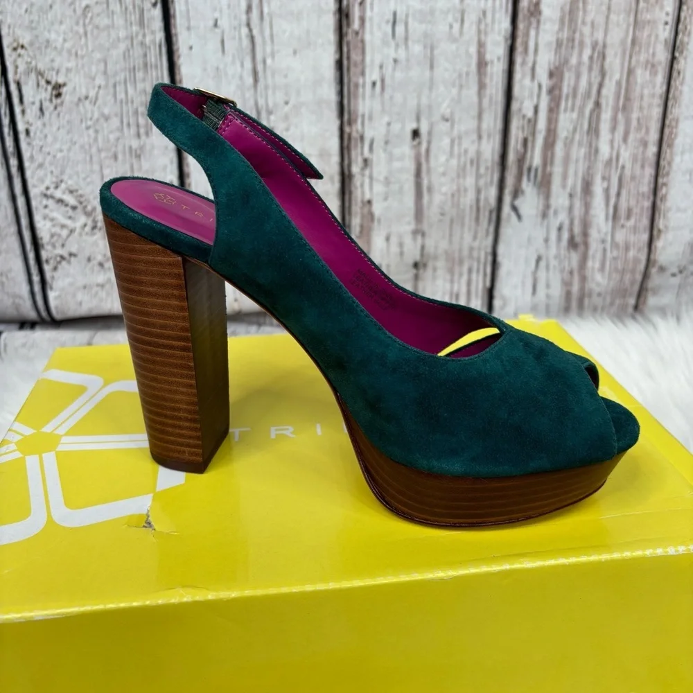 NIB New with‎ Box Trina Turk Joni Platform Suede Heels in Aqua Bloom Size 7.5